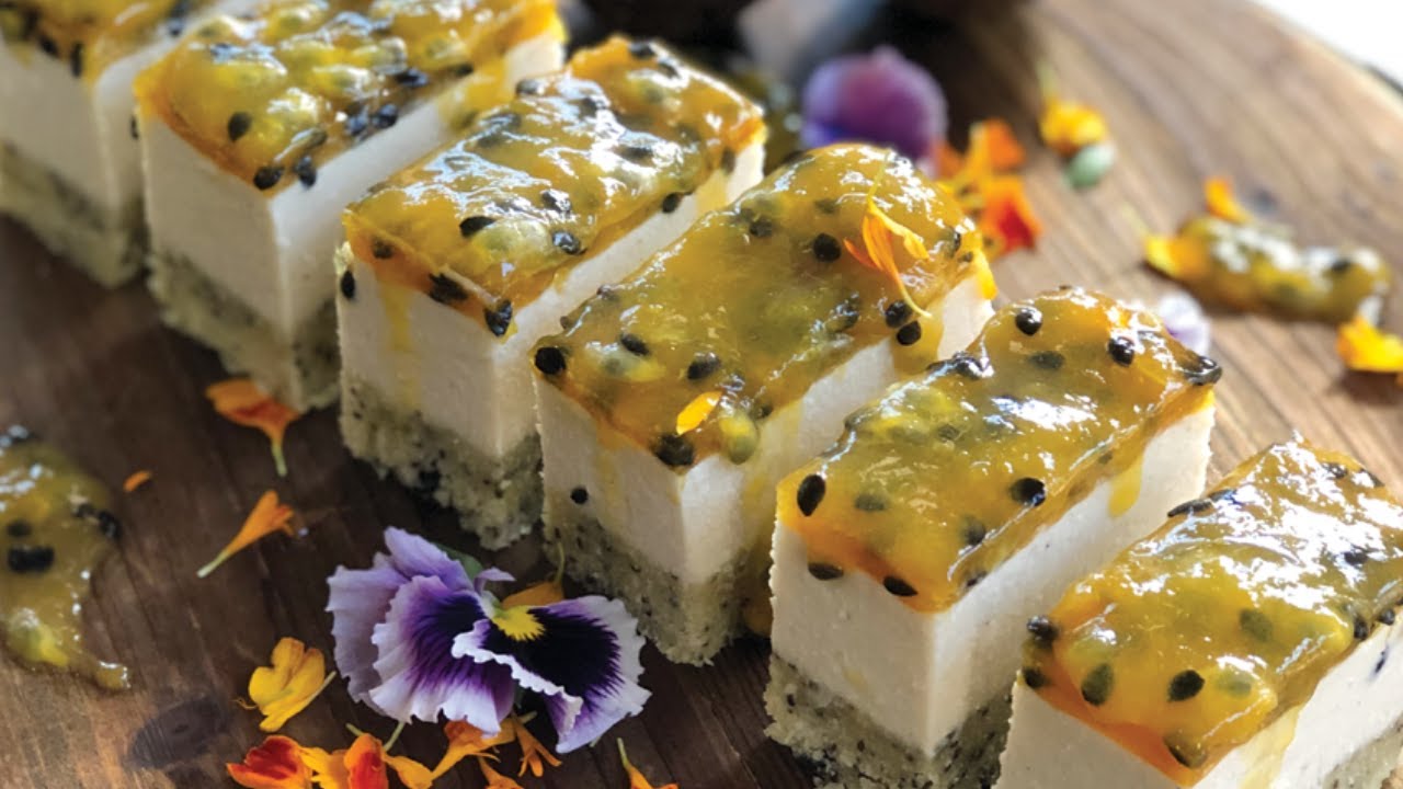 Passionfruit, cashew and chia coconut slice recipe