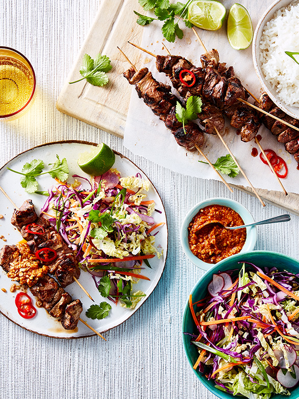 Summer entertaining with satay lamb skewers & Asian slaw