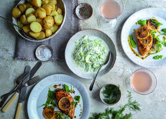 How to make the ultimate summer dish with lemon and herb roasted chicken and a soured-cream cucumber salad