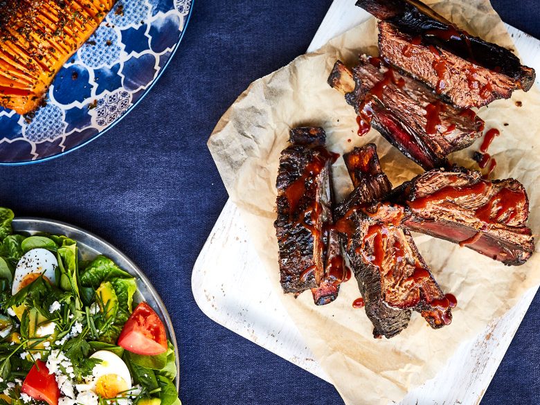 Barbecue short ribs with hasselback pumpkin and salad