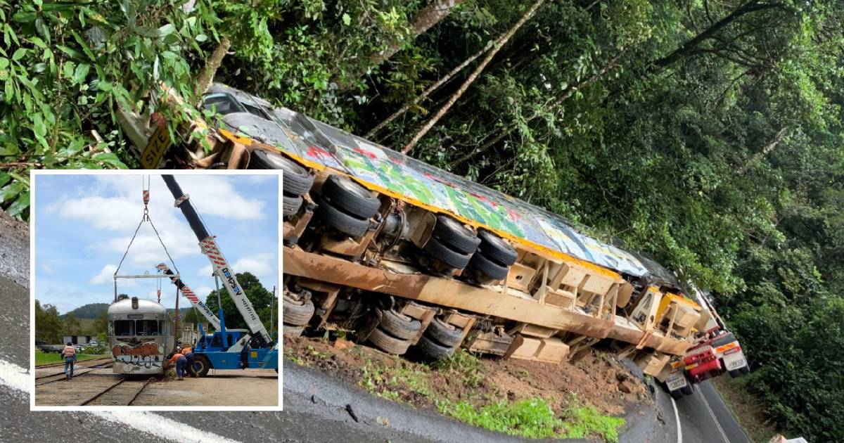 Prime mover carrying historic rail motor 1773km from Ipswich rolls 5km from destination