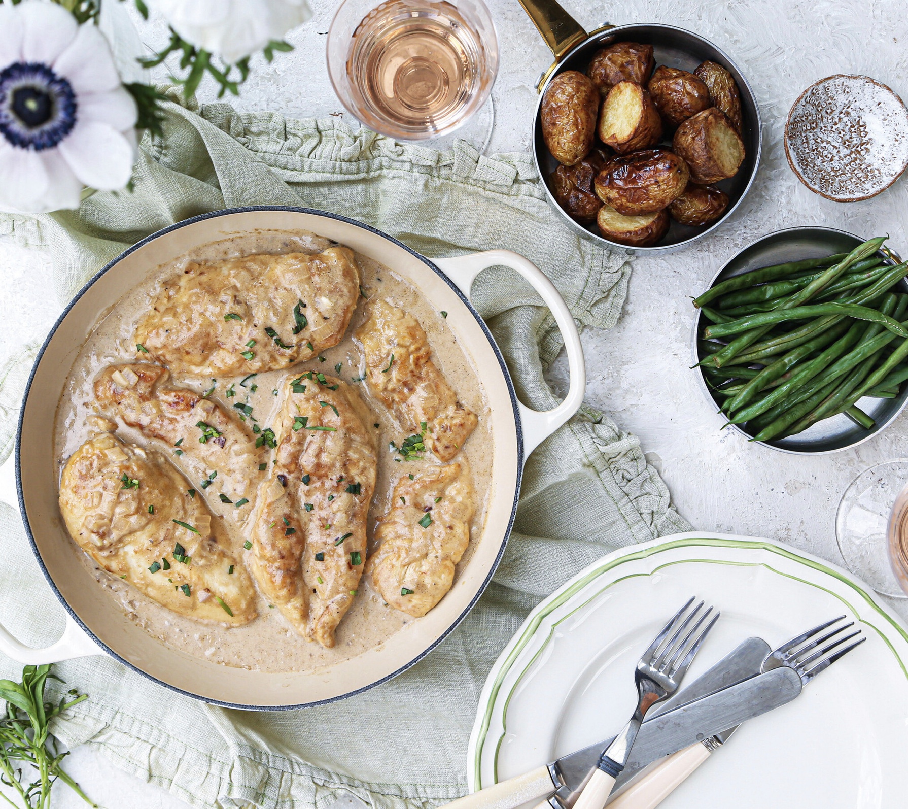 How to make tarragon chicken with garlic-roasted new potatoes